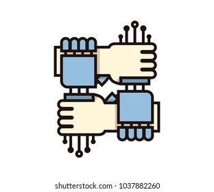 Human and robot hands togehter as one. Vector icon representing the benefits humans can have with artificial intelligence and robotic. AI benefiting humans.