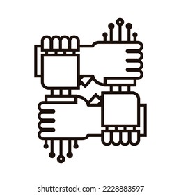 Human and robot hands together as one. Vector icon representing the benefits humans can have with artificial intelligence and robotic. AI benefiting humans.