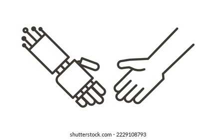 Human and robot hands together as one handshake. Vector icon representing the benefits humans can have with artificial intelligence and robotic. AI benefiting humans.