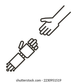 Human and robot hands together sticking out to eachoter. Vector icon representing the benefits humans can have with artificial intelligence and robotic. AI benefiting humans.
