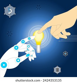 Human and robot hands touch a yellow light bulb.