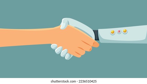 
Human and Robot Handshake in Agreement Vector Cartoon Illustration. Android hand making a pact deal with a human 
