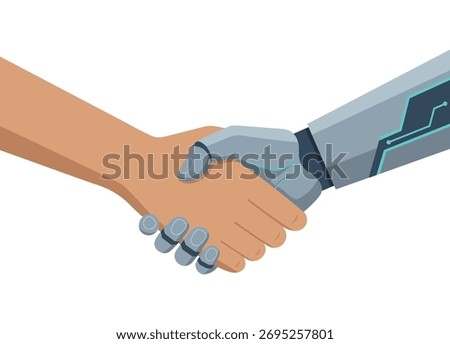 Human and Robot Handshake, Symbol of AI Collaboration and Technology Partnership, Vector Illustration