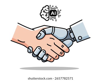 Menschlicher und Roboter-Handshake als Symbol für KI-Zusammenarbeit und Zukunftstechnologie. Konzepte: künstliche Intelligenz, Innovation und digitale Partnerschaft.