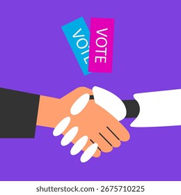 Aperto de mão humano e robô com votos. A inteligência artificial na política e o futuro das eleições. Ilustração de vetor plano.