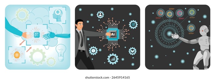 Human and robot integration in AI technology. Innovation, data, and technology for business applications.  A humanoid robot engaging with holographic data. Artificial Intelligence adoption concept.