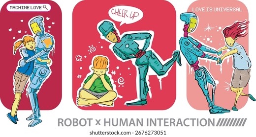 Human and robot interaction vector illustration. Show robot caring children.