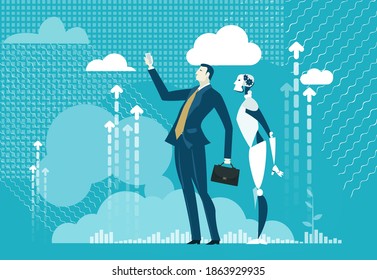 Human and Robot make selfie together. Businessman competing with artificial intelligence, seeking help, relay on cyborg. 