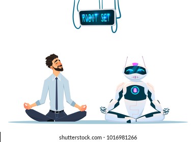 Human and robot meditation. Modern robot influence in human life. Artificial Intelligence Technology Flat Vector Illustration