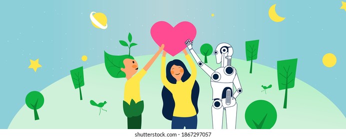 Human with robot and nature character holding heart together and lift up, Young woman smiling and hold pink heart. Concept power of dream. Vector illustration for graphic design or eco background