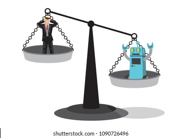 Human and robot on the weighting scale. Depicts automation and artificial intelligence bringing danger to the human workforce. Concept of Human vs Robot. Isolated vector cartoon illustration.