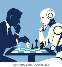 Human and robot playing chess, symbolising strategic competition between artificial and human intelligence