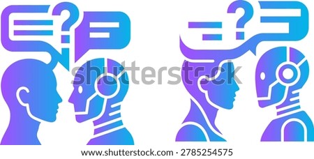Human and robot profiles, question marks, speech bubbles, AI interaction concept.