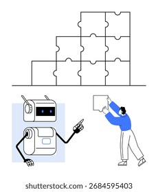 Humano y robot, piezas de rompecabezas. Ideal para tecnología, trabajo en equipo, innovación, resolución de problemas, colaboración, IA, futuro del trabajo. Metáfora de línea