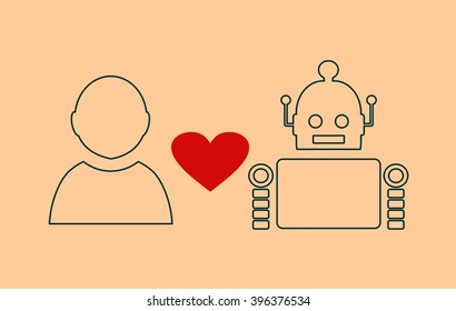 Human and robot relationships. Robotics industry relative image. Heart icon between robot and human. Outline icons