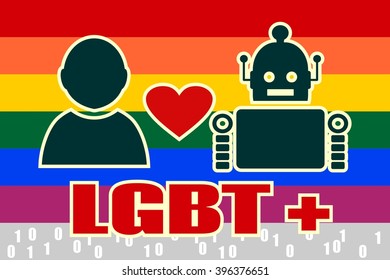 Human and robot relationships. Robotics industry relative image. Heart icon between robot and human. LGBT text and rainbow flag