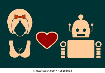 Human and robot relationships. Robotics industry relative image. Heart icon between robot and woman. 