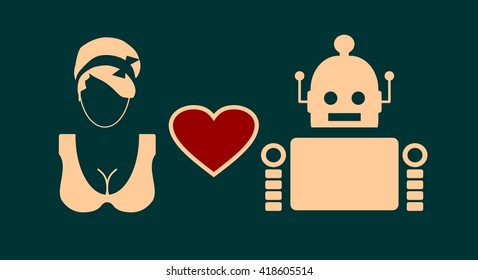 Human and robot relationships. Robotics industry relative image. Heart icon between robot and woman. 