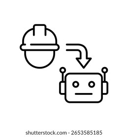 Icono de reemplazo de humano a robot. Estilo de esquema. Vector. Símbolo de automatización de escasez de mano de obra. Sustitución de trabajadores por máquina. Industrial de la disminución de la fuerza laboral y el concepto de transición laboral de IA