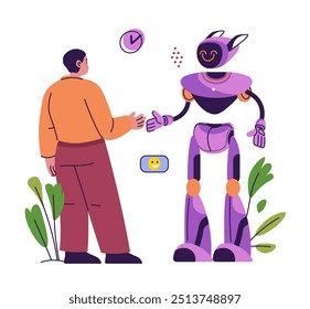 Un humano y un robot dándose la mano en un gesto amistoso, diseñado en un estilo plano y colorido, aislado sobre un fondo blanco. Ilustración vectorial para la tecnología y conceptos futuros.