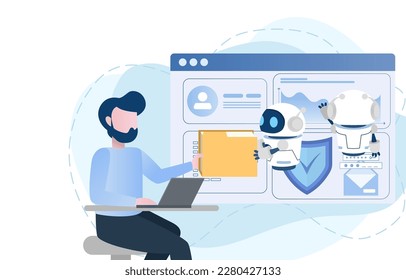 Human and a robot sharing a document and working together to develop and manage their work to success. Flat vector illustration with copy space.