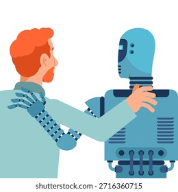 Un humano y un robot juntos, abrazados y mirando hacia el futuro, simbolizando la unidad, la tecnología y la convivencia.