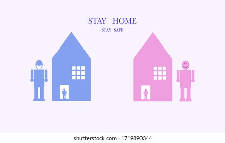 Human robot vector standing next to small house icon isolated on background, stay home and stay safe concept during quarantine period for coronavirus protection, flat vector for web graphic design