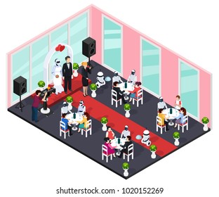 Human and robot wedding concept with technology and future symbols isometric vector illustration