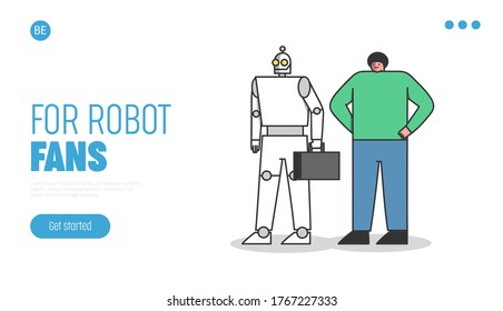 Human and robot worker. Office ai landing page design. Professional with robotic competitor. Employment and artificial intelligence concept. Template cartoon vector illustration