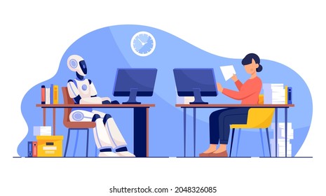 Human and robot working concept. Woman competes with artificial intelligence. Automation of workflow. Droid coped with task faster. Cartoon flat vector illustration isolated on white background