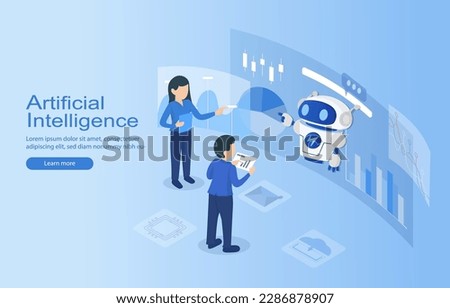 Human and robot working together to analyze data and generate reports on dashboard represents the concept of innovation. Focus on internet network, online communication, stocks information research.