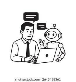 Human And Robot Working Together On Laptop For Seamless Communication.