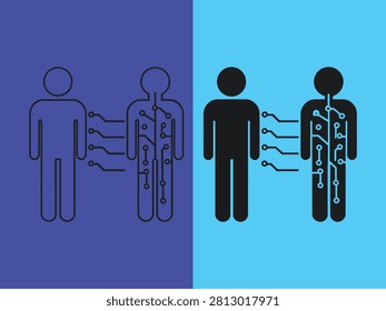 Human and robotic figures merging with circuit board design for artificial intelligence and transhumanism technology concept