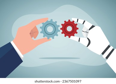 Human and robotic hands connecting gears. People and robots working together flat vector illustration. Artificial intelligence, automation, workforce, technology concept for banner.