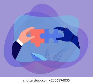 Human and robotic hands connecting pieces of jigsaw puzzle. People and robots working together flat vector illustration. Artificial intelligence, automation, workforce, technology concept for banner