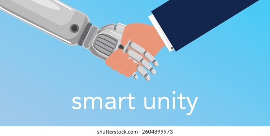 Human and robotic hands shaking in unity against a blue background symbolizing collaboration and technology