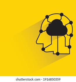 human, robotic head and cloud for machine learning or deep learning concept on yellow background