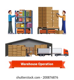 Human and robotic warehouse operations. Warehouse workers. Flat icon illustrations set. EPS 10 vector.