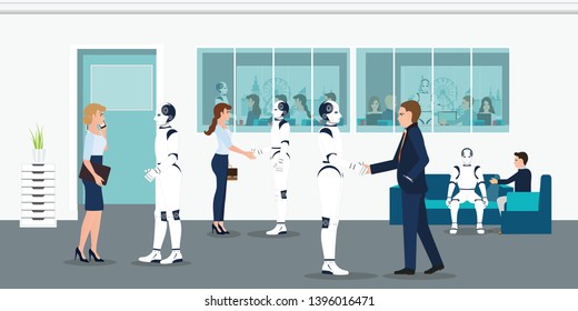 Human and robots office workers. People and Humanoids handshaking. working together, business and artificial Intelligence Concept vector illustration.