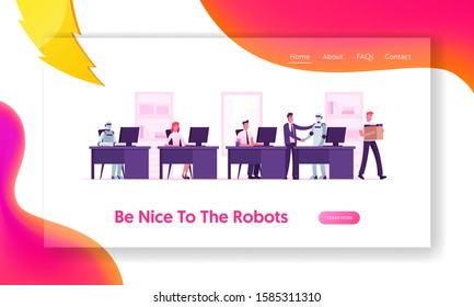 Human and Robots Working Together Website Landing Page. Boss Shaking Hand to Cyborg Invite to Office Job, Man Fired. Automation Artificial Intelligence Web Page Banner. Flat Vector Illustration