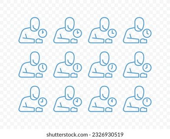 Human and round clock with arrow vector icons collection. Outline person and horizontal analog clock, notifying each hour icons set