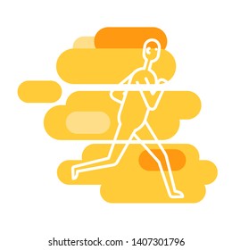 Human running position. White abstract figure on colorful backdrop.