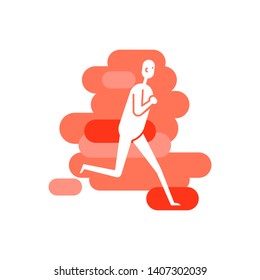 Human running position. White abstract figure on red backdrop.