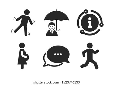 Human running symbol. Chat, info sign. Businessman with umbrella icon. Man love Woman or Lovers sign. Women Pregnancy.  Classic style speech bubble icon. Vector