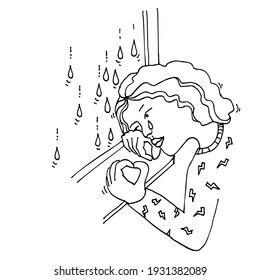Human is sad and cries by the window. Rain. Hand drawn vector illustration.