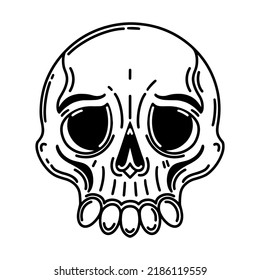 Human sad skull vector icon. Hand drawn illustration isolated on white background. Black outline, simple sketch. Face, mask, dead head. Clipart for Halloween, day of the dead, logo, web, print