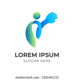 logotipo de seguridad humana vector, personas y logotipo combinado de mano con estilo de color azul y verde 3d