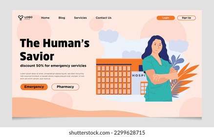 Human Savior Nurse Landing Page Template suitable for hospital website design, graphic resources and illustration