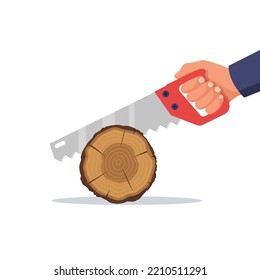 Human Sawing Wood. Carpenter With Saw In His Hand. Vector Illustration Flat Design. Carpentry Work. Wood Sectional. Cross Section Of Tree. Lumberjack, Cabinetmaker, Woodworker. Lumberjack Working.