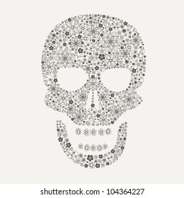 Human scull as abstract floral illustration on black background for design